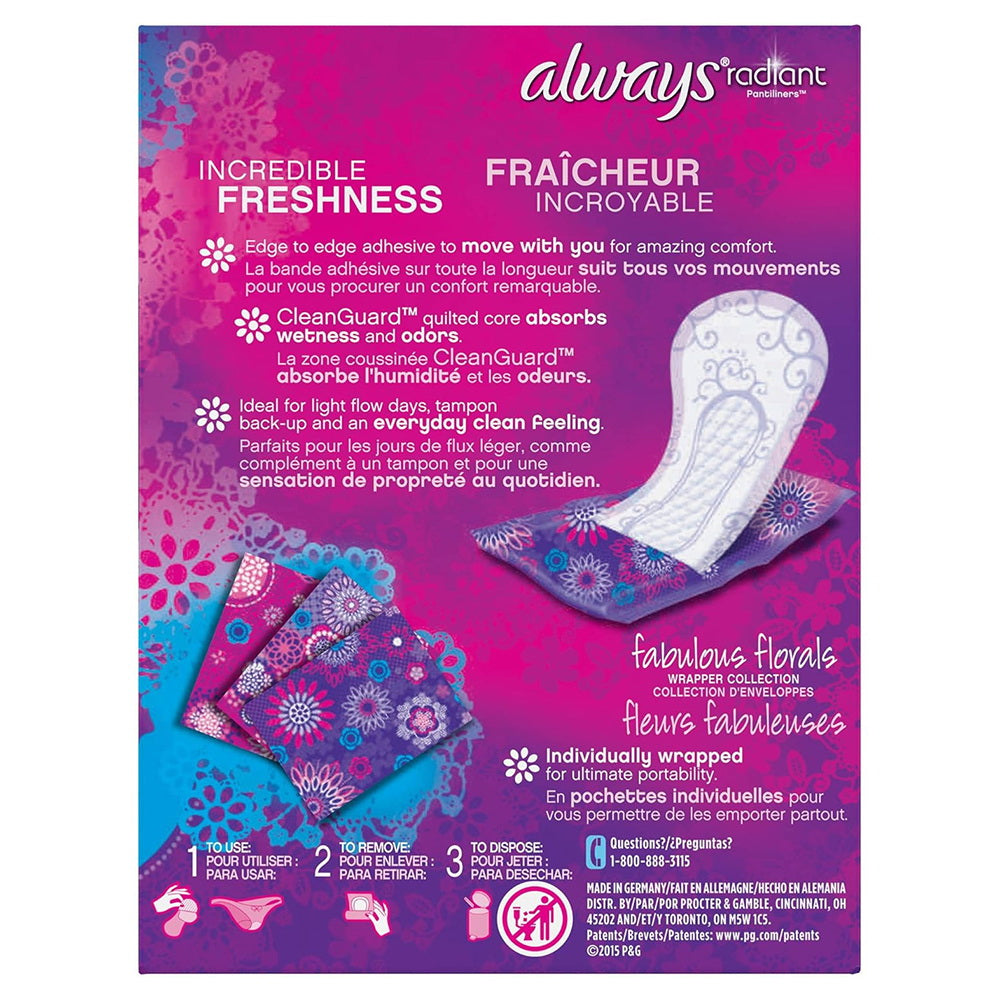Always Radiant Daily Liners Regular, Up To 100% Odor-Free, 48 Ct