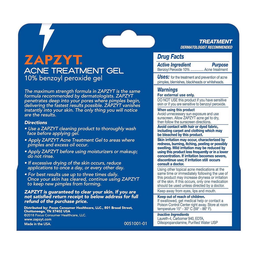 Zapzyt Maximum Strength 10% Benzoyl Peroxide Acne Treatment Gel 1 Oz.