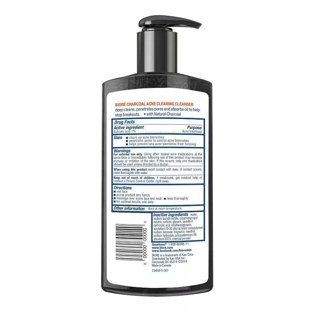 Biore Charcoal Acne Clearing Cleanser Pump - 6.77 Ounce