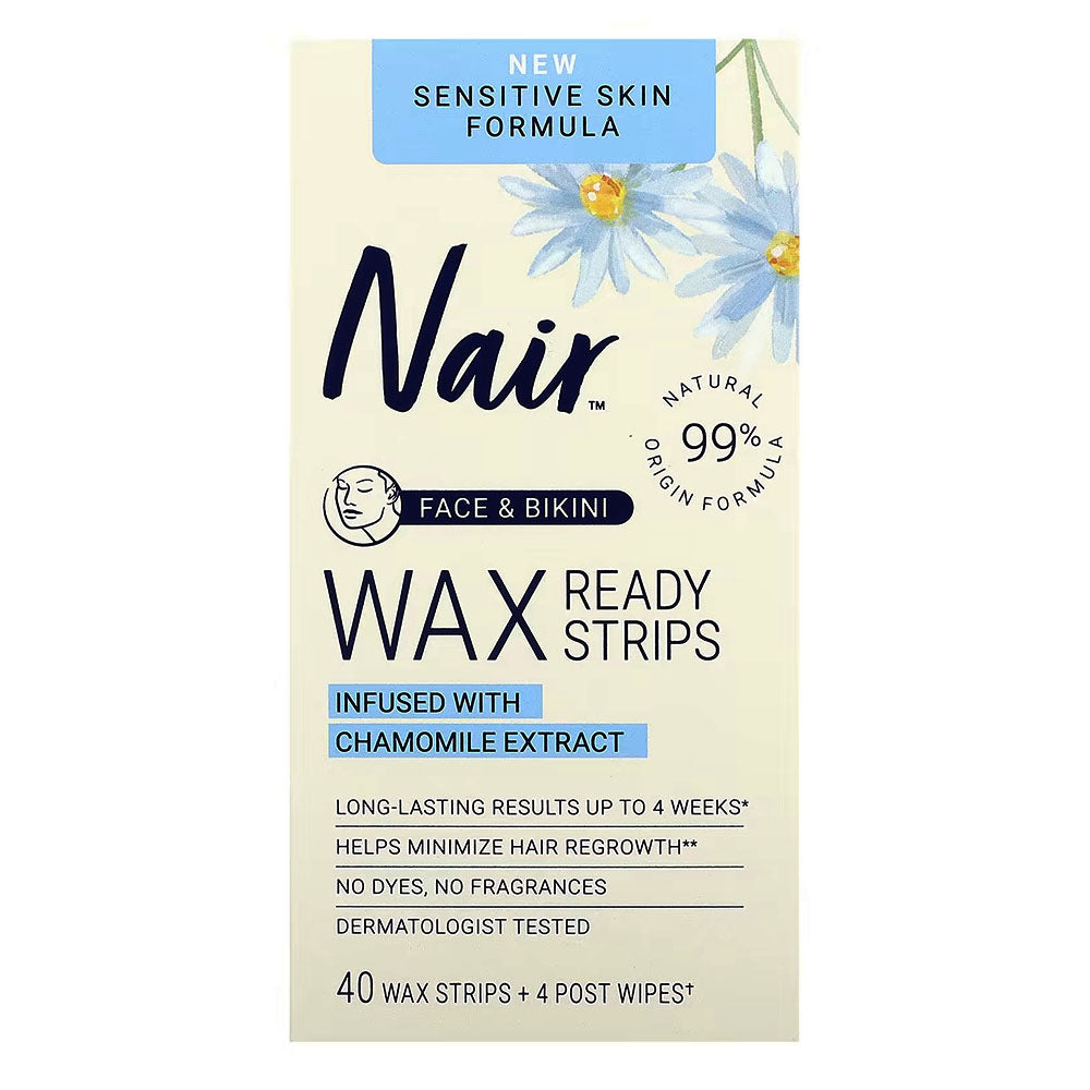 Nair Sensitive Hair Remover Wax Ready Strips, Face And Bikini Hair Removal Wax Strips, 40 Count