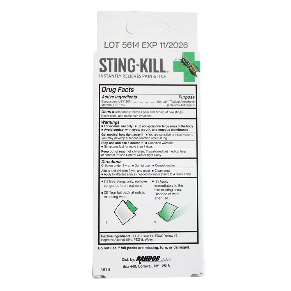 Sting Kill Anesthetic Disposable Wipes for Bites and Stings - 8 ct