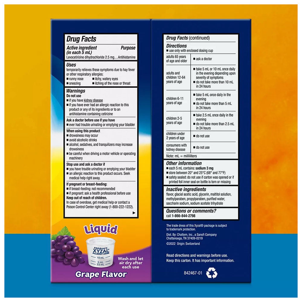 Children'S Xyzal Levocetirizine Dihydrochloride Allergy Relief Liquid - Grape Flavor - 5 Fl Oz