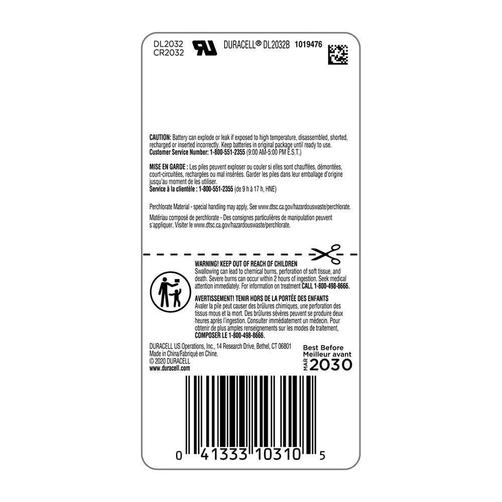 Duracell Cr2032 3V Lithium Battery, Child Safety Features, 1 Count