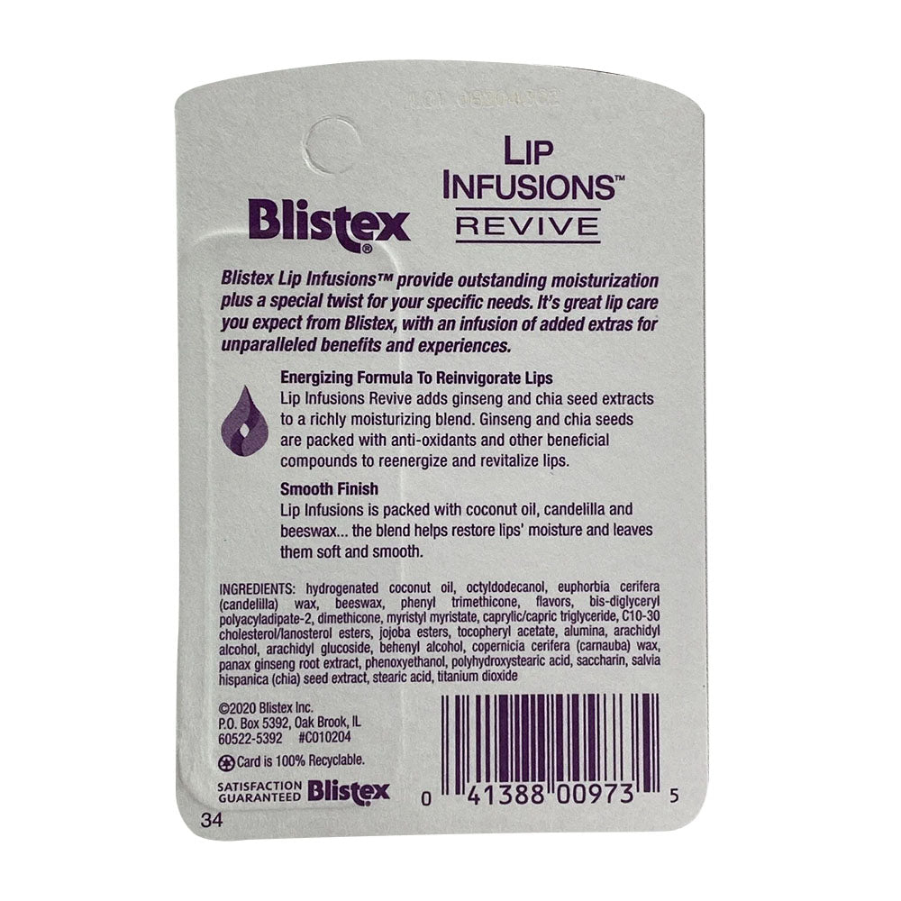 Blistex Lip Infusions Revive Lip Moisturizer, Chia Seed, Ginseng, 0.13 Oz