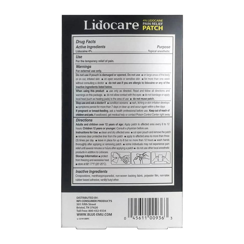 Blue Emu Lidocare Relief Patch For Back And Shoulder Strain Fast Acting, 3 Count