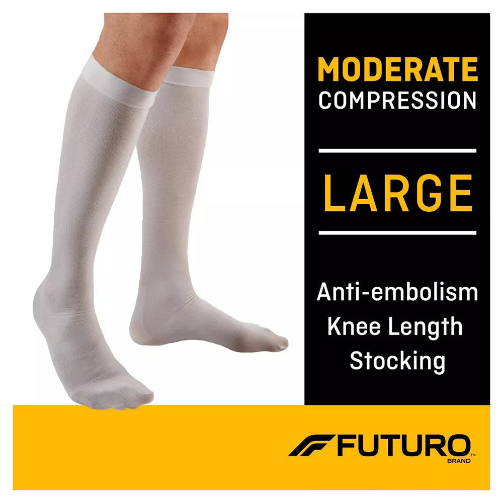 Futuro Anti-Embolism Knee Length Stockings, Large Regular, White, Moderate