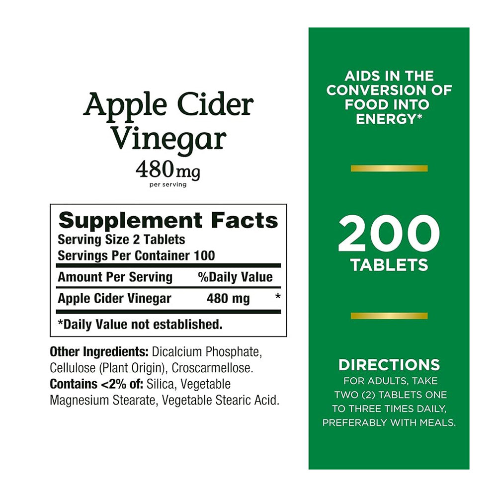 Natures Bounty Apple Cider Vinegar Supplement 480 Mg - 200 Tablets