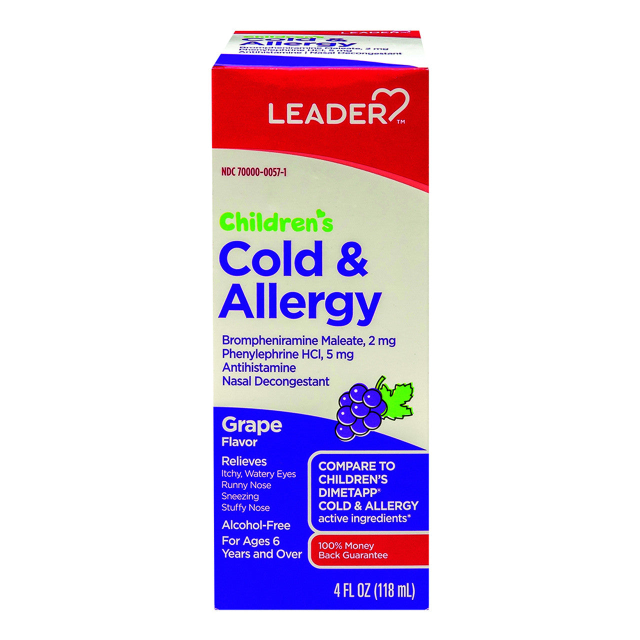 Leader Childrens Cold And Allergy Liquid, Grape Flavor - 4 fl Oz