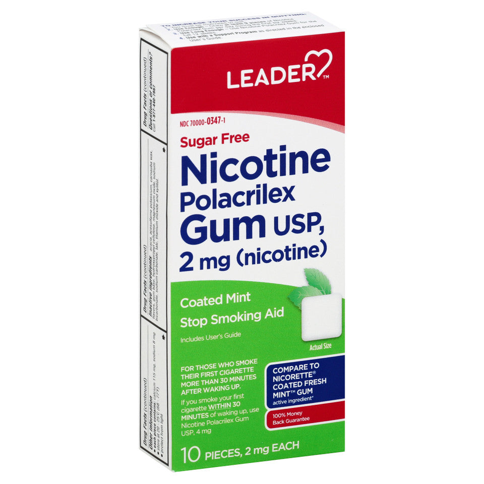 Leader Nicotine Gum Sugar Free Coated Mint 2 mg - 10 Count