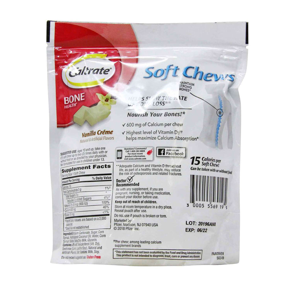 Caltrate Soft Chews 600 Plus D3 Calcium Vitamin D Supplement, Vanilla Creme - 60 Count