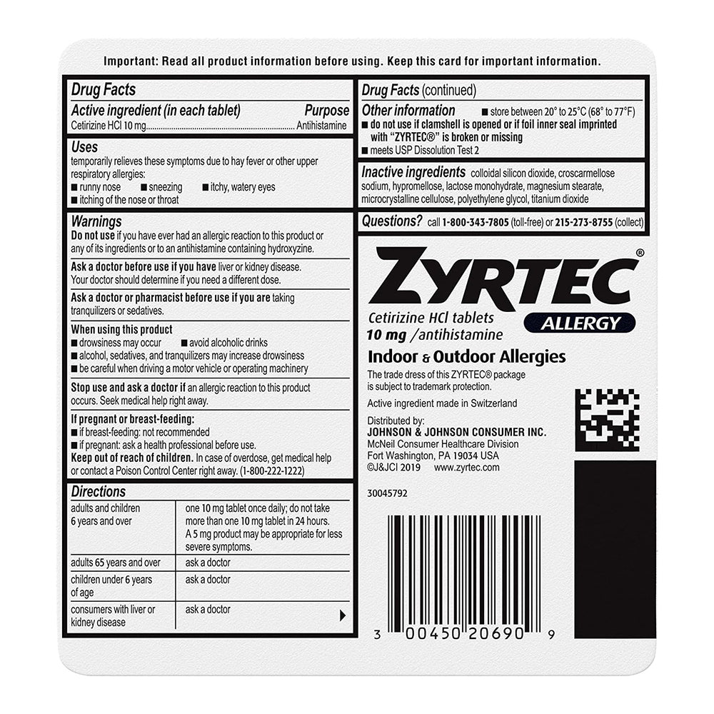 Zyrtec 24 Hour Allergy Relief Tablets, 10 Mg Cetirizine Hcl Antihistamine Allergy Medicine, 90 Ct