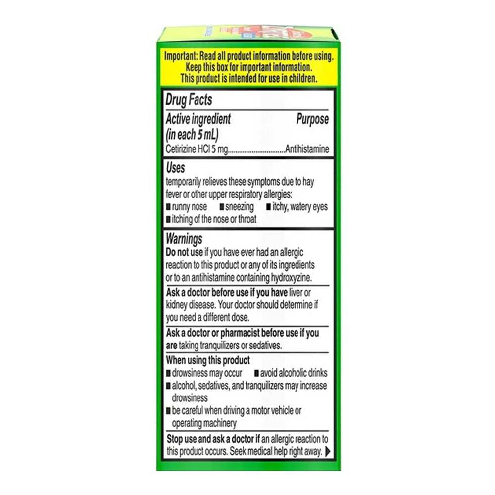 Zyrtec Children's Allergy Syrup, Dye-Free, Sugar-Free Grape 1 Oz