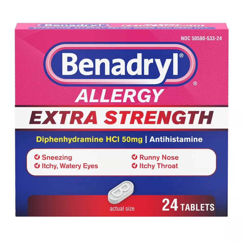 Benadryl Extra Strength Allergy Relief, 50Mg Diphenhydramine Tablets - 24Ct