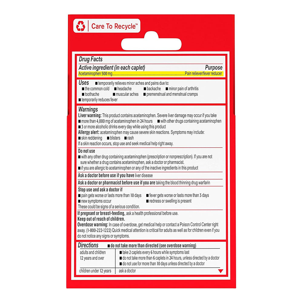Tylenol Pain Reliever Fever Reducer Caplets Extra Strength, 500 Mg 6 Caplets