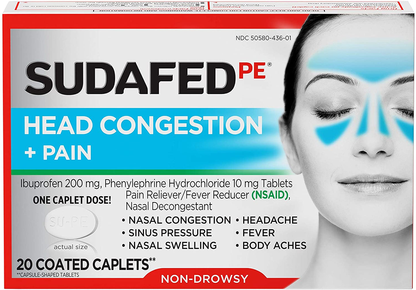 Sudafed Pe Head Congestion + Pain Relief Caplets Ibuprofen Phenylephrine Hcl, 20 Count