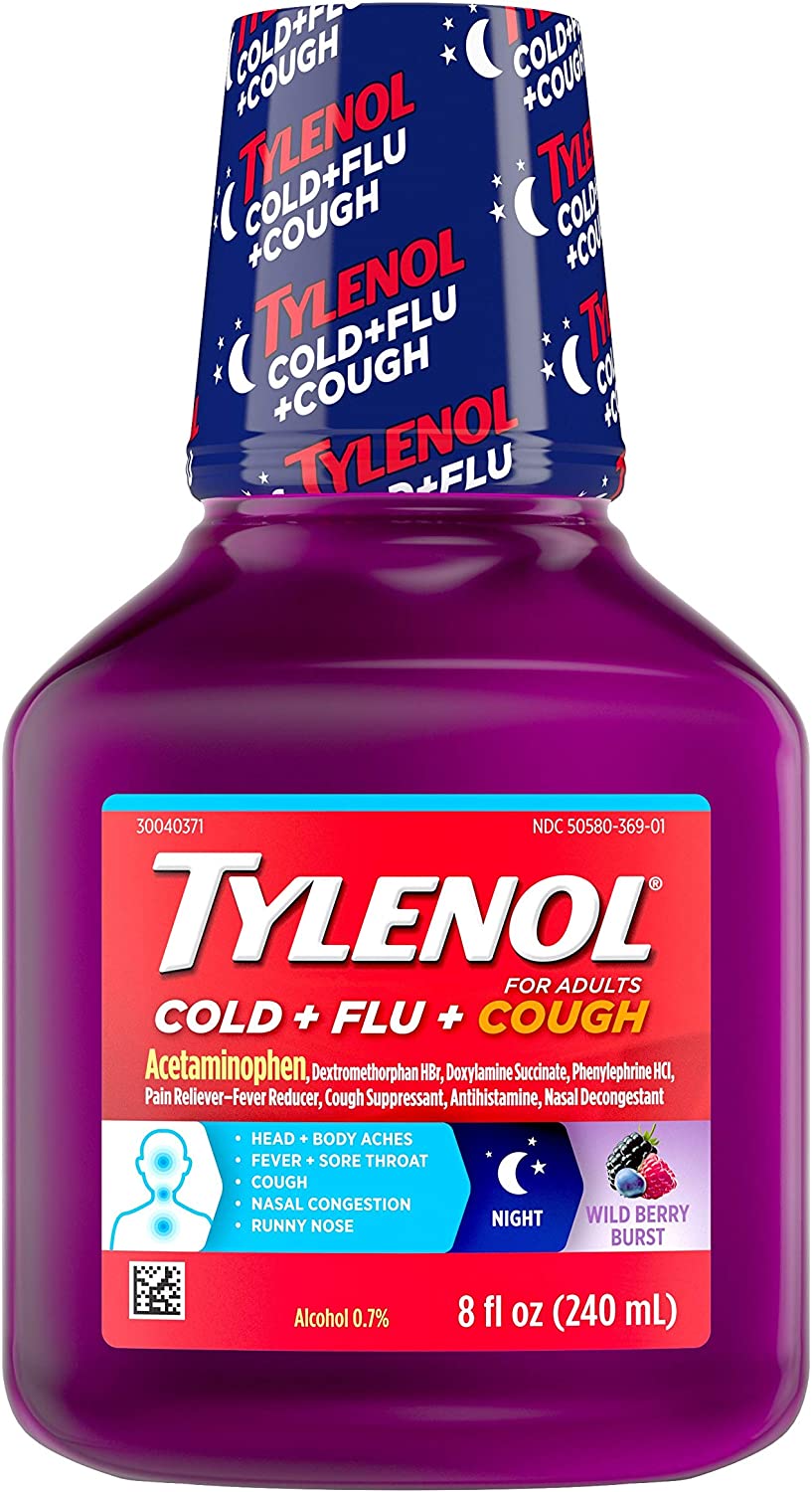 Tylenol Cold + Flu + Cough Night Liquid Medicine With Acetaminophen, Wild Berry, Grabe, 8 Fl Oz