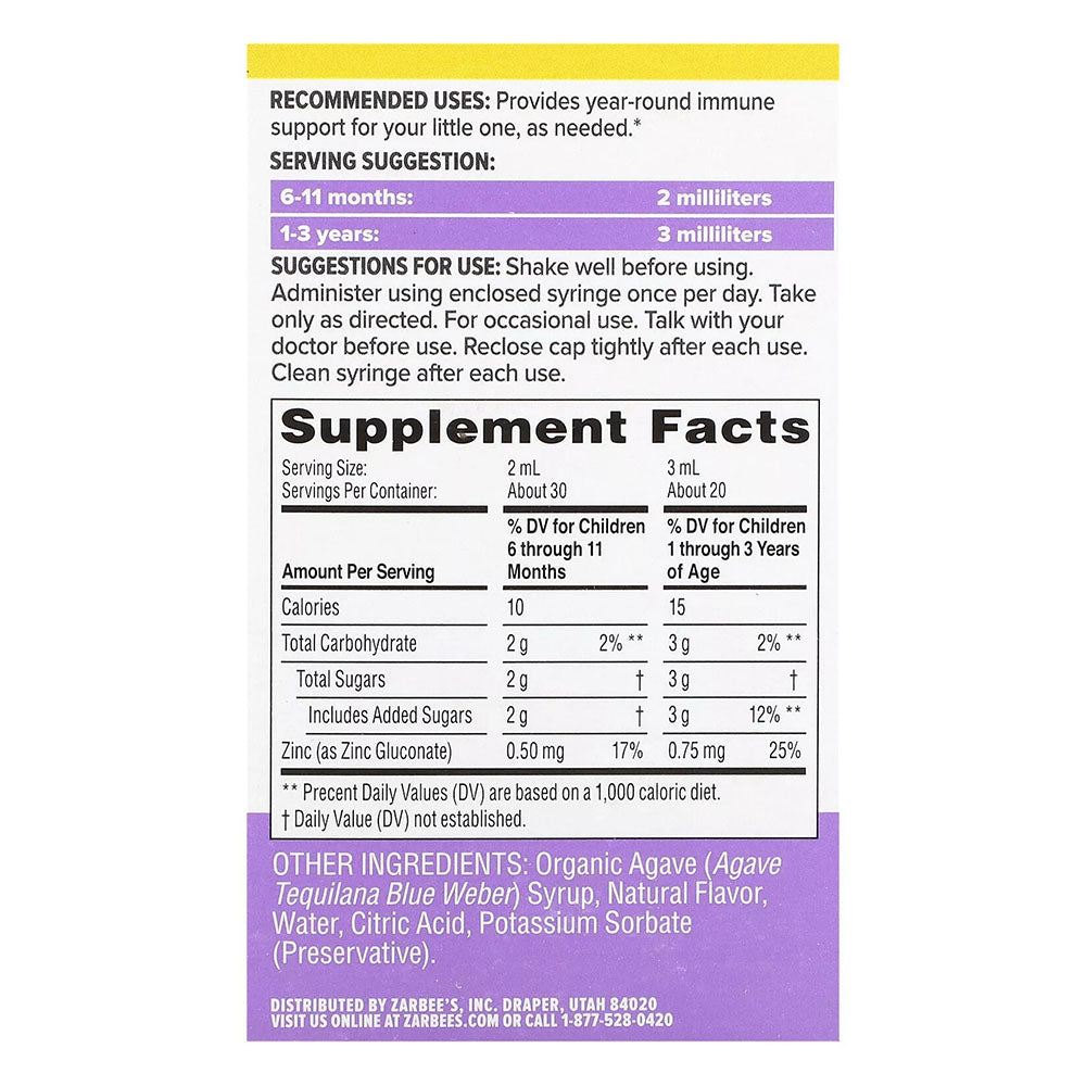Zarbee'S Baby Immune Support Syrup With Zinc, Baby & Toddler Vitamins 6 Months+, 2 Oz