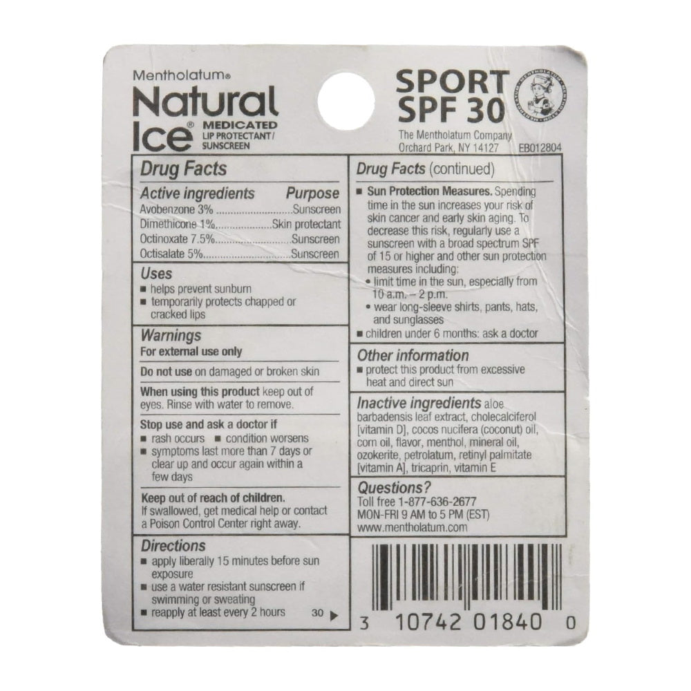 Mentholatum Natural Ice Sunscreen/Lip Protectant Spf 30 Sport 1 Each