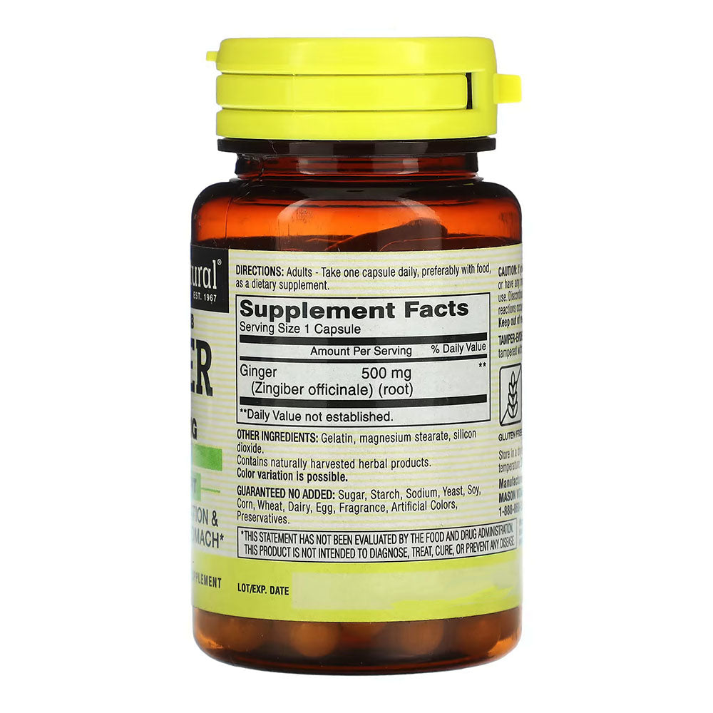 Mason Natural Whole Herb Ginger 500 Mg, Natural Herbal Supplement - 60 Capsules