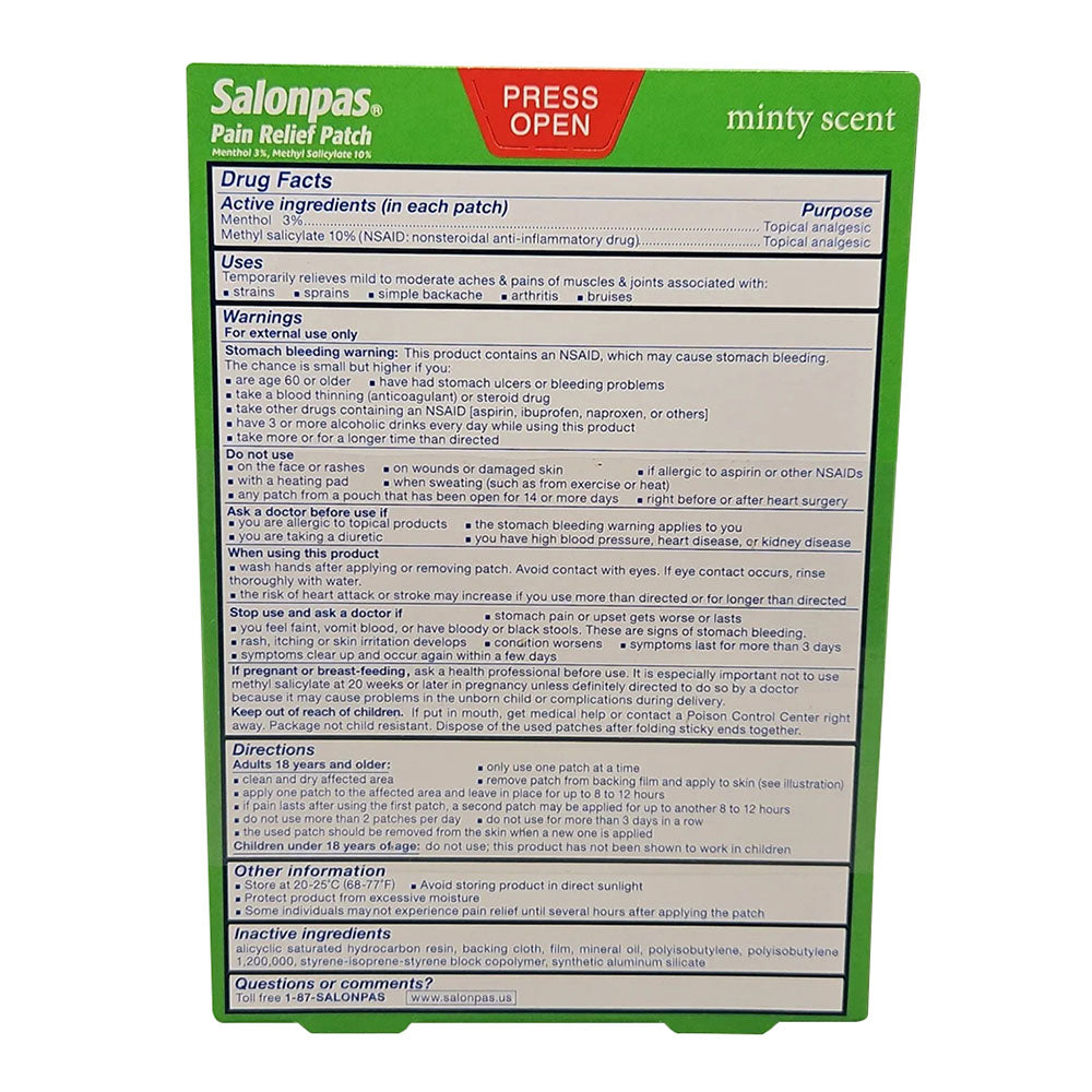Salonpas Pain Relieving Menthol And Methyl Salicylate Patch, 20 Count