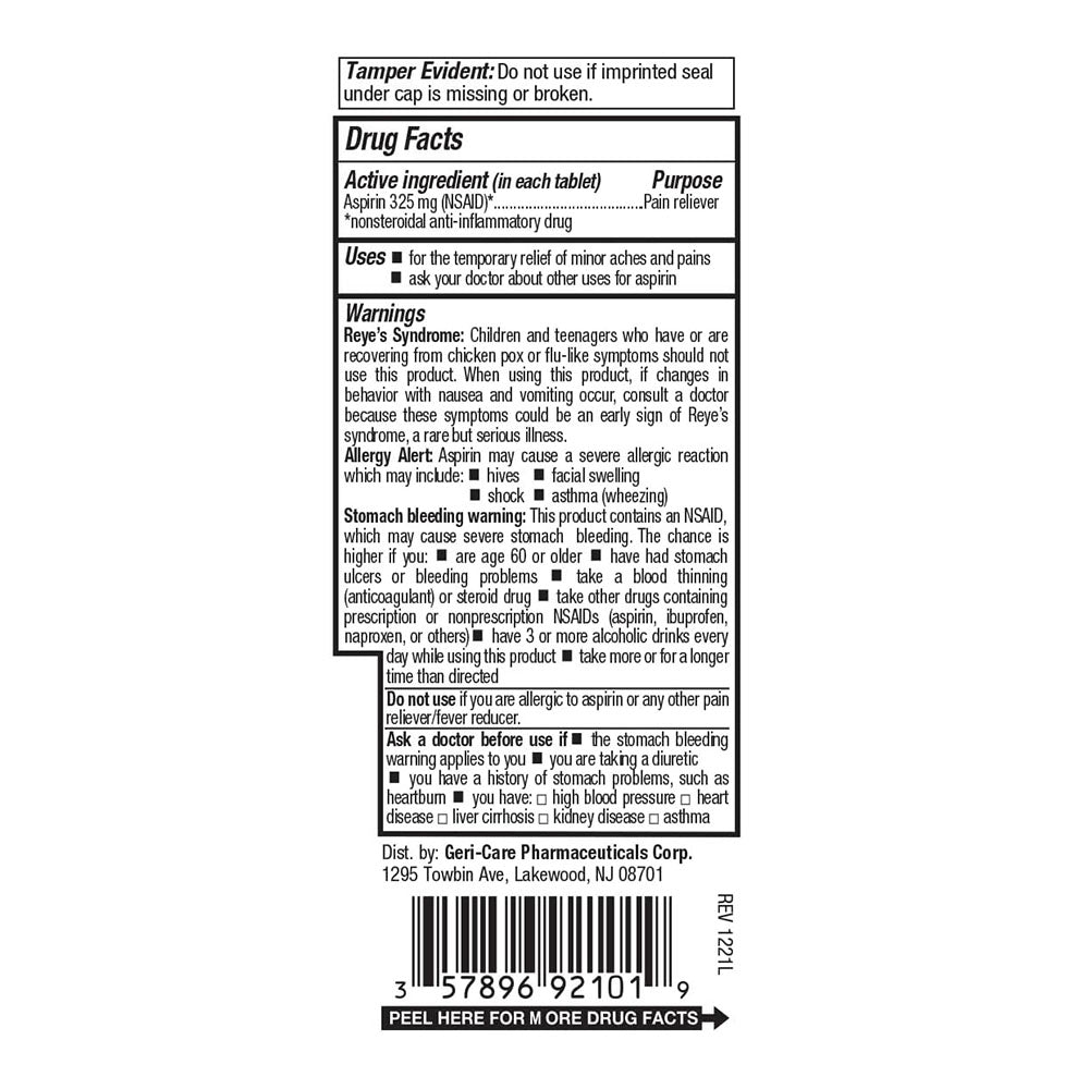 Gericare Regular Strength Aspirin Pain Relieving Tablets, 100 Ea