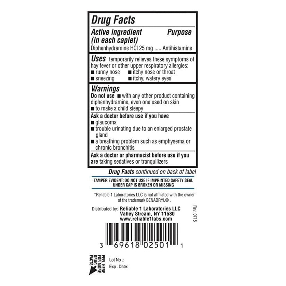 Reliable 1 Diphenhydramine Hci 25Mg Antihistamine - 100 Ea