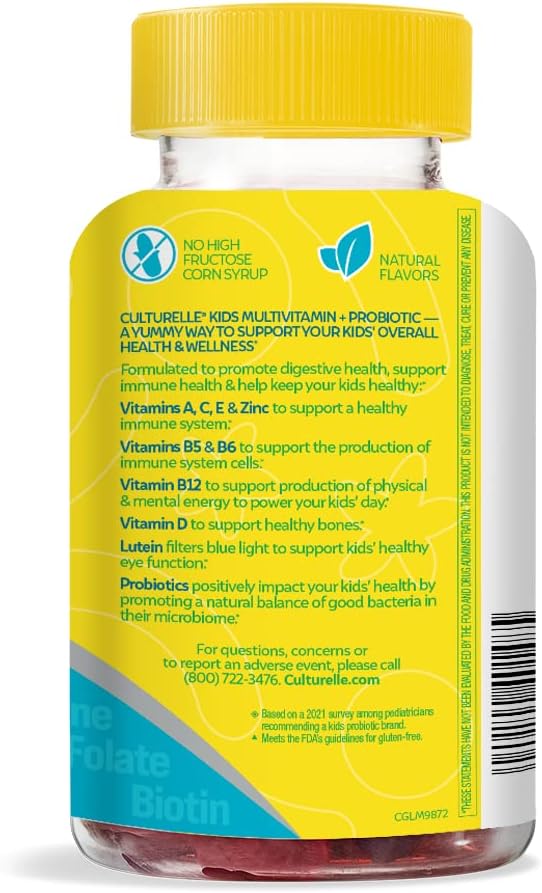 Culturelle Kids Probiotic Gummies for Ages 2+ - Peach-Orange & Mixed Berry Flavors - Digestive & Immune Support with Lutein for Eye Health, 60 Count