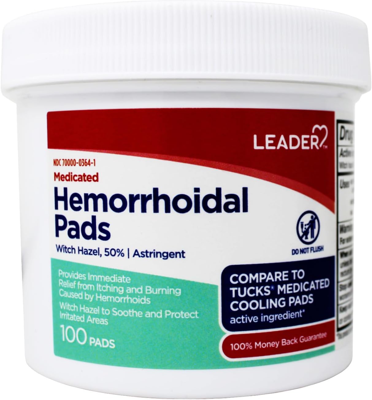 Leader Medicated Hemorrhoidal Pads Witch Hazel 50% - 100 Pads