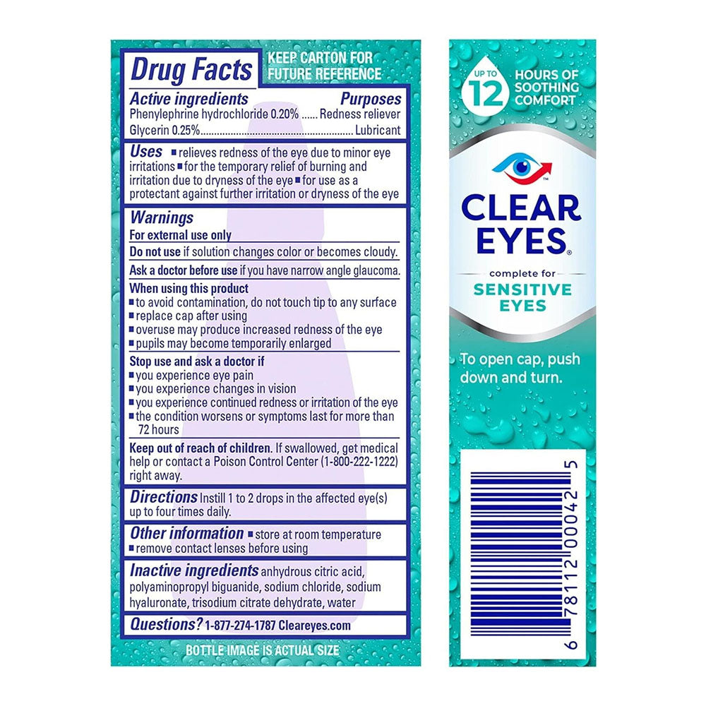 Clear Eyes For Sensitive Eyes, Redness Reliever Eye Drops, 0.5 Oz