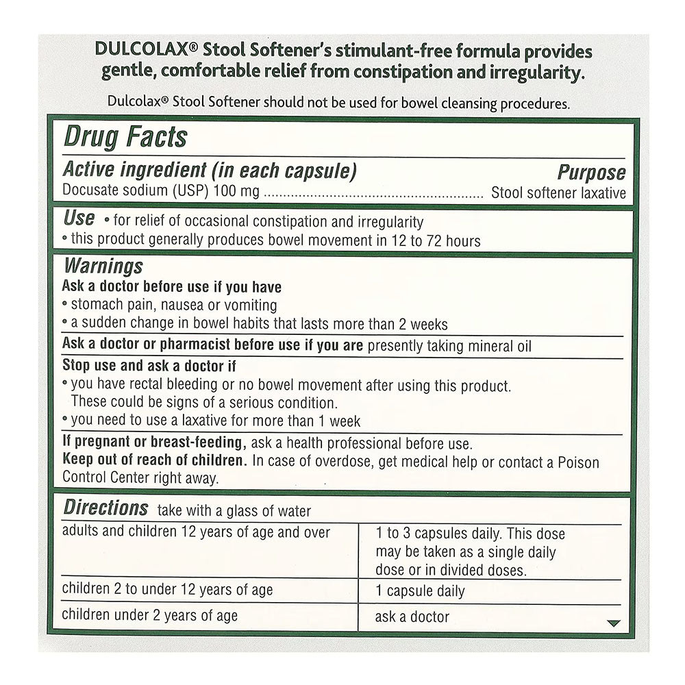 Dulcolax Stool Softener Laxative Liquid Gel Capsules (50Ct) Gentle Relief, Docusate Sodium 100Mg