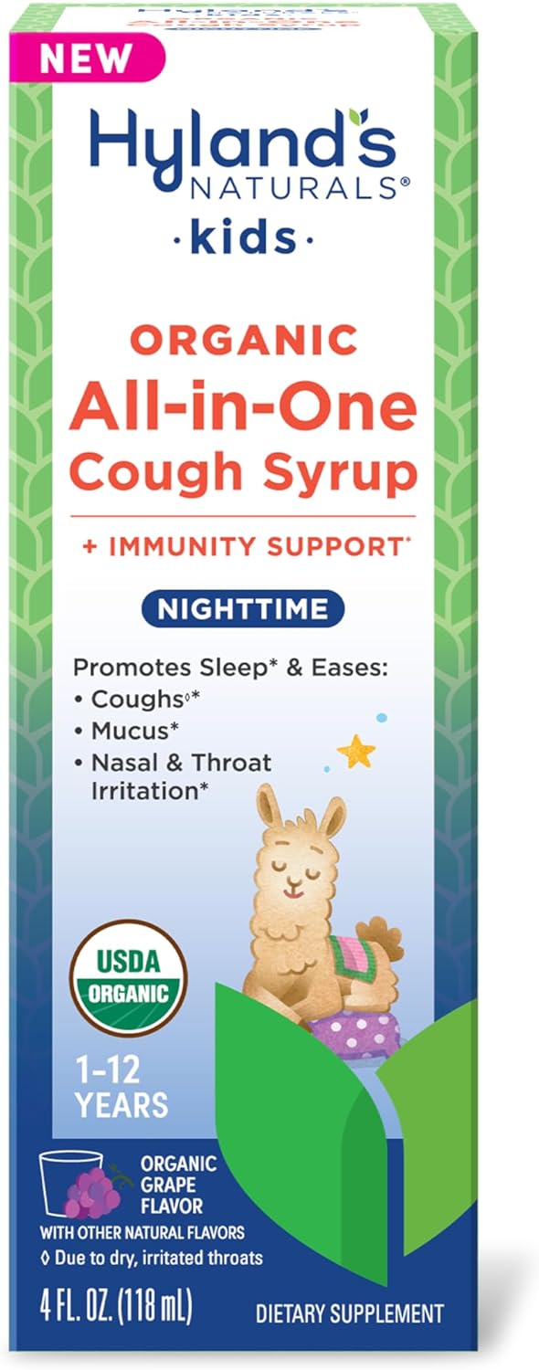 Hyland's Kids Organic All-in-One Cough Syrup Nighttime - Eases Cough & Mucus Symptoms, Promotes Sleep, Organic Grape, 4 Fl. Oz.