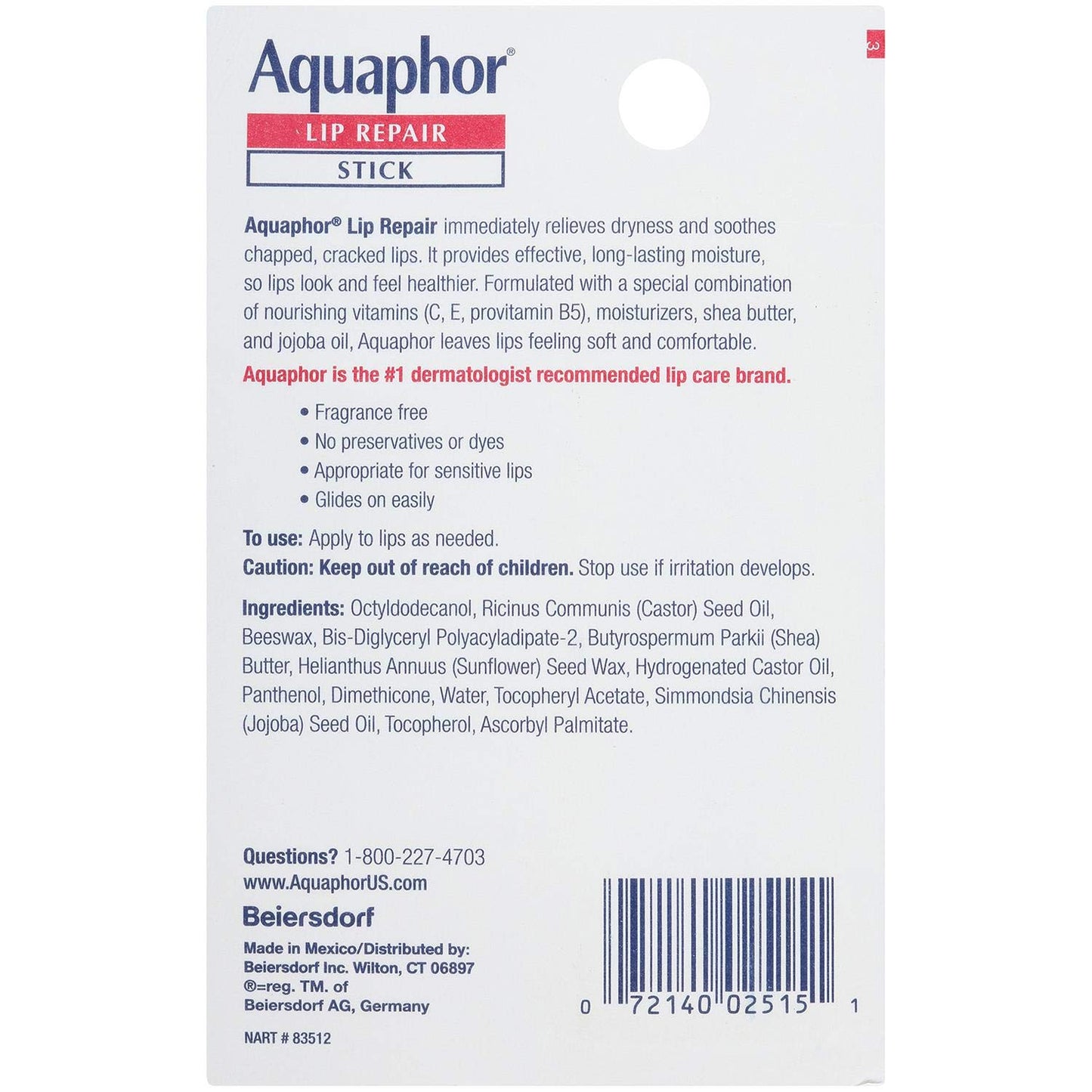 Aquaphor Lip Repair Stick - Soothes Dry Chapped Lips Stick 17 Oz