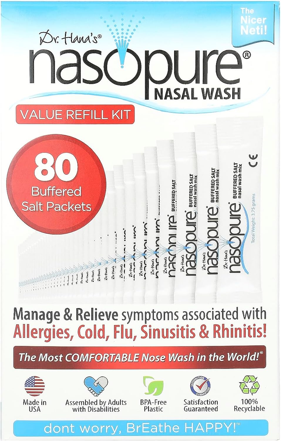 Nasopure Nasal Wash, Value Refill Kit, Comfortable Nasal Rinse 80 Salt Packets