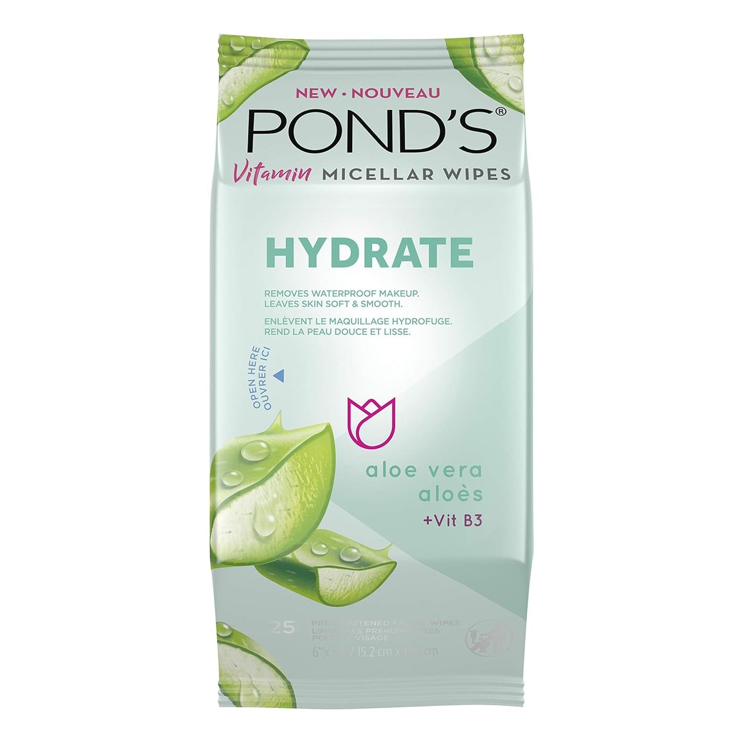 Pond's Vitamin Micellar Wipes For Dry Skin Hydrate Aloe Vera Removes Waterproof Makeup 25 Wipes