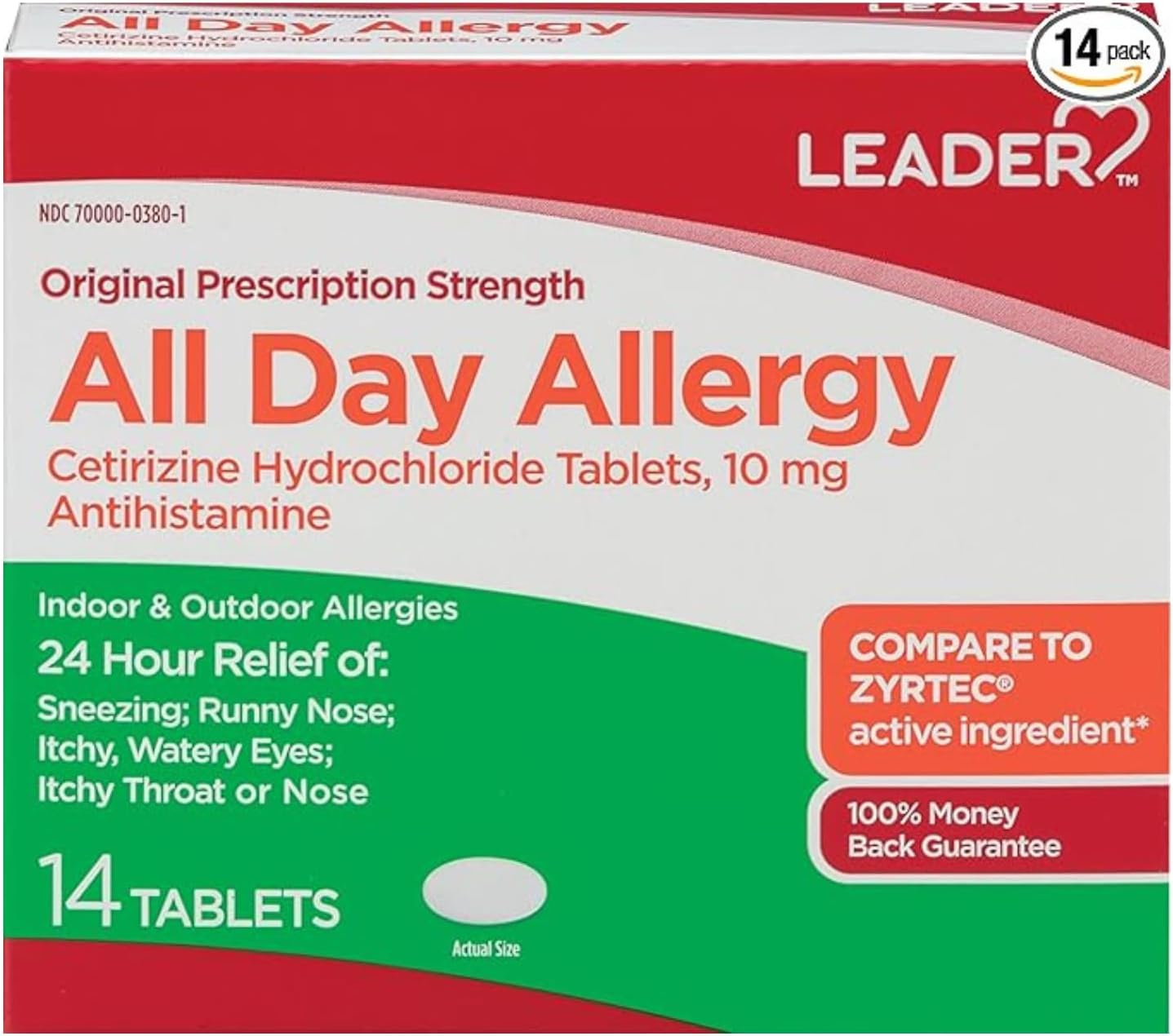 Leader All Day Allergy Cetirizine 10mg Tablets - 14ct
