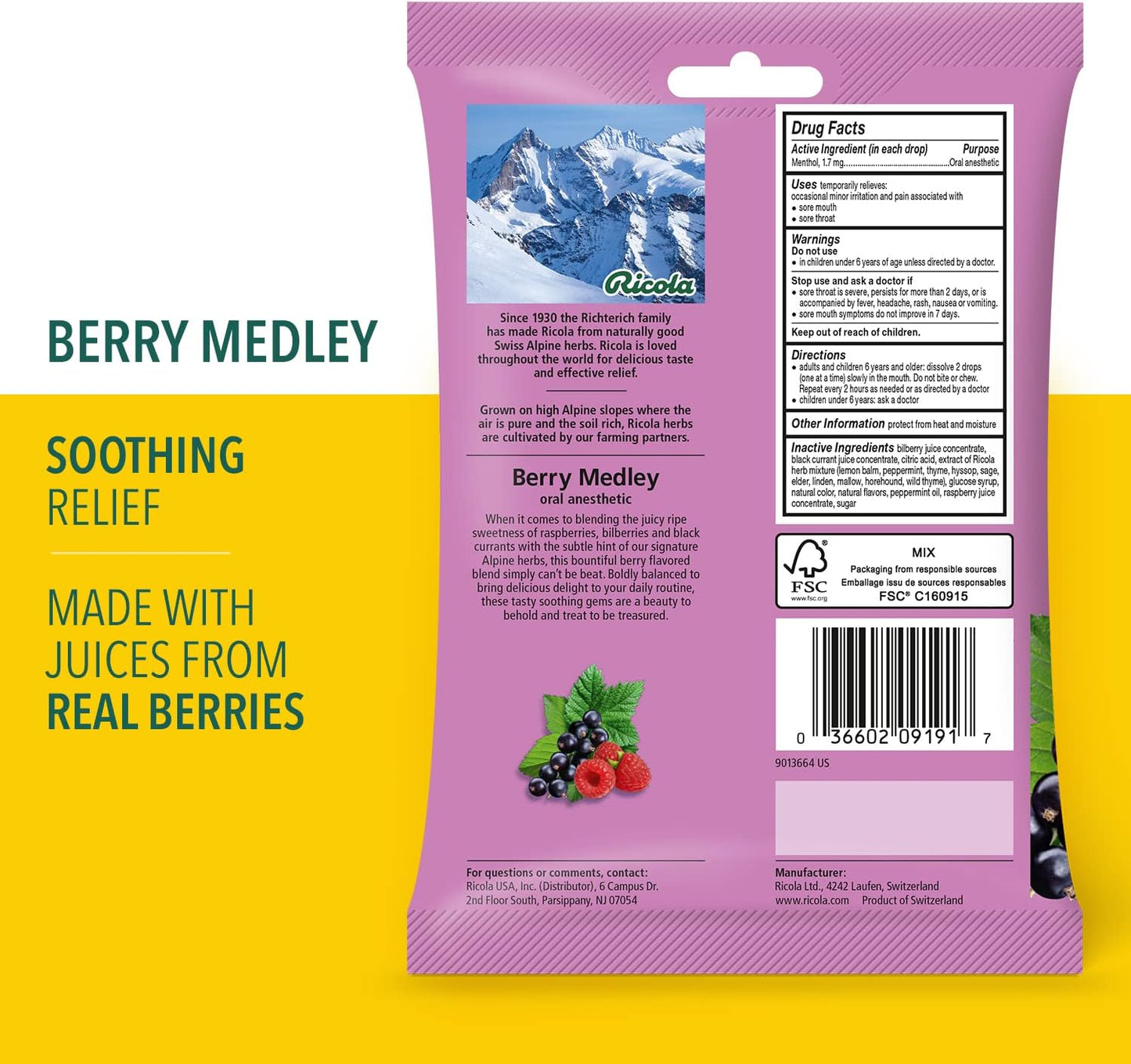 Ricola Herbs Berry Medley Cough Suppressant Throat 19 Drops