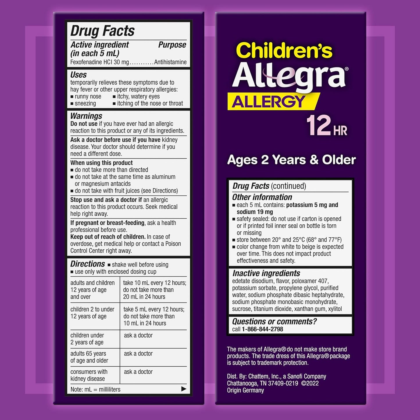 Allegra Children's 12HR Non-drowsy Antihistamine Liquid, Grape Flavor, Alcohol-Free & Dye-Free, Fexofenadine HCl, 4 oz.