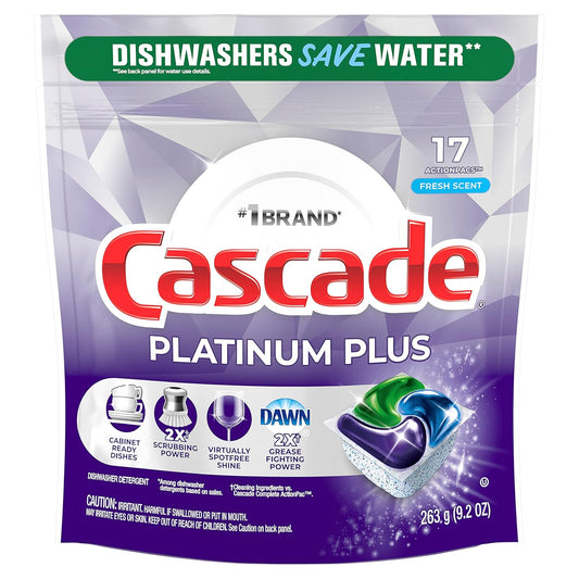 Cascade Platinum Plus Dishwasher Pods, Dish Detergent Actionpacs, Fresh, 17 Count