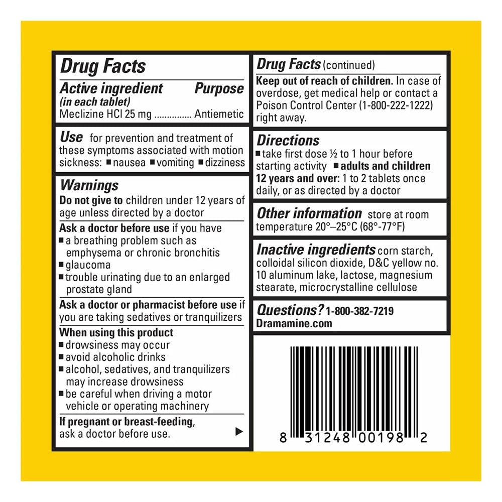 Dramamine Motion Sickness Relief Less Drowsey Formula Tablets 8 Ea