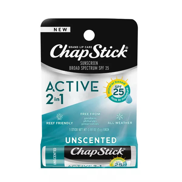 Chapstick Active 2-in-1 Unscented Lip Balm - 0.15oz