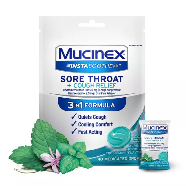 Mucinex Instasoothe Sore Throat & Cough Drops - Alpine Herb & Fresh Mint - 40ct
