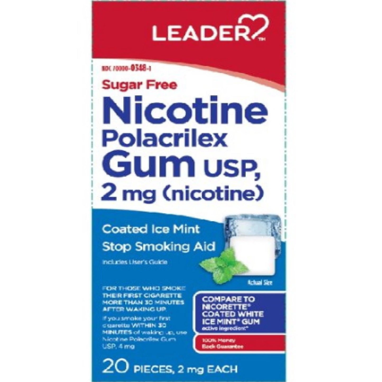 Leader Nicotine 2mg Polacrilex Gum Stop Smoking Aid Ice Mint - 20 Count