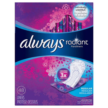 Always Radiant Daily Liners Regular, Up To 100% Odor-Free, 48 Ct