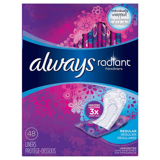Always Radiant Daily Liners Regular, Up To 100% Odor-Free, 48 Ct