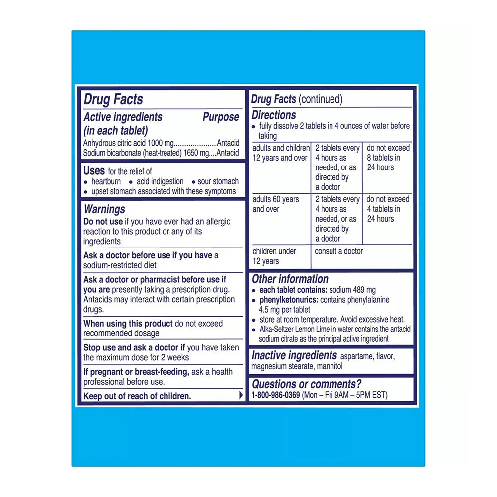 Alka Seltzer Antacid & Pain Relief Lemon Lime Tablets - 36 Ct