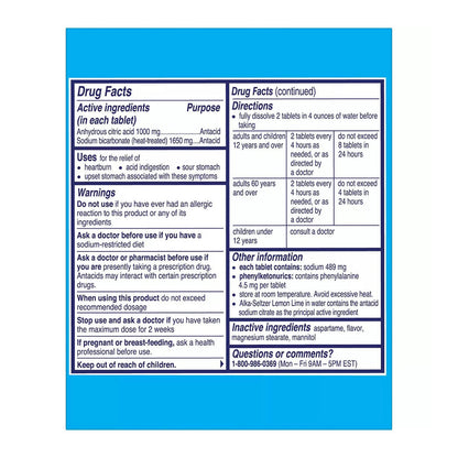 Alka Seltzer Antacid & Pain Relief Lemon Lime Tablets - 36 Ct