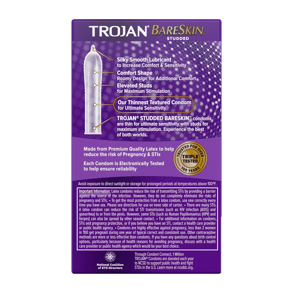 Trojan Studded Bareskin Premium Lubricated Latex Condoms 10 Ea