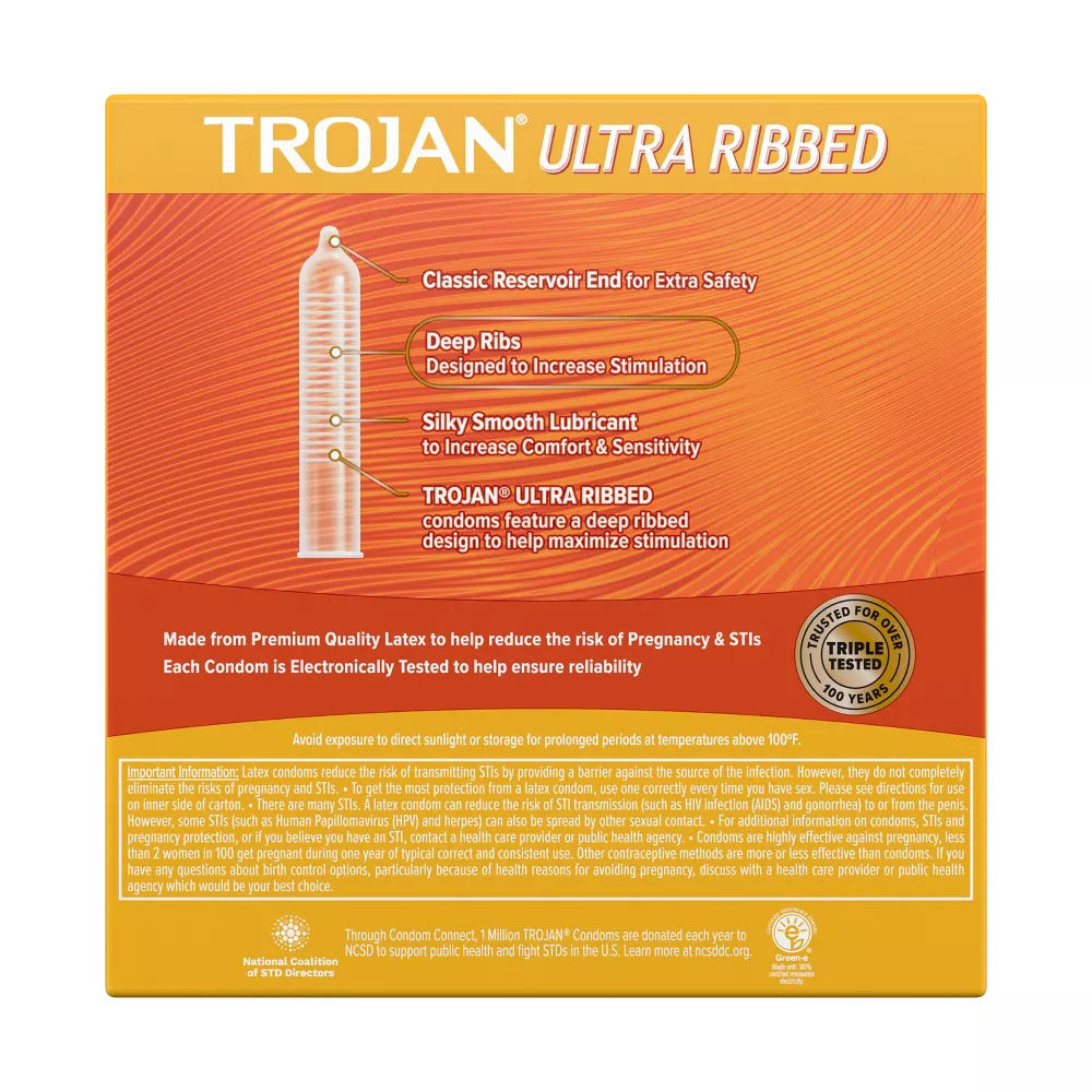 Trojan Ultra Ribbed Stimulations Premium Lubricant Latex Condoms 36 Ea