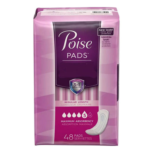 Poise Maximum Absorbency Incontinence Pads, Regular Length, 48 Ea