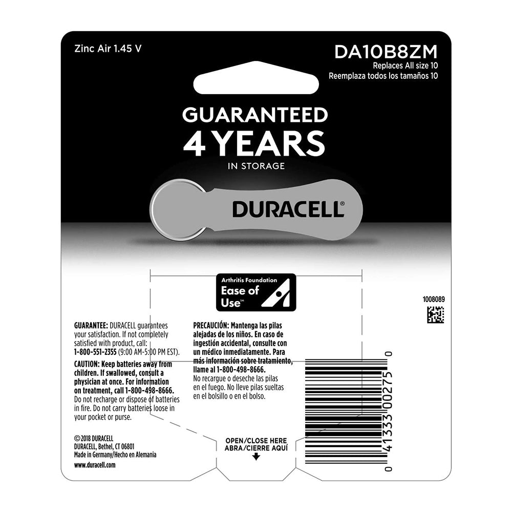 Duracell Da10B8Zm Hearing Aid Batteries, Size 10" - 8 Each